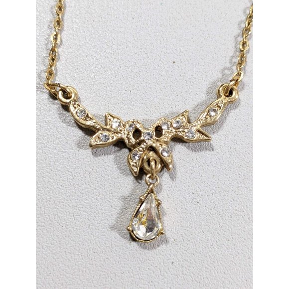 Gold and Crystal Bow and Teardrop Y-Drop Necklace- 1928 - Picture 3 of 7